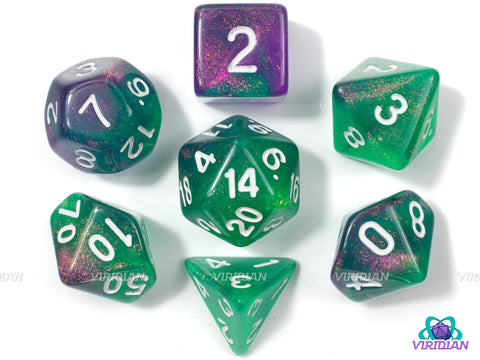 Agonizing Blast (B-Grade) | Green, Purple & Gold Glitter Acrylic Dice Set (7) | Dungeons and Dragons (DnD)