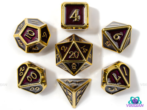 Plum and Gold | Reddish Purple Enamel Metal Dice Set (7) | Dungeons and Dragons (DnD)