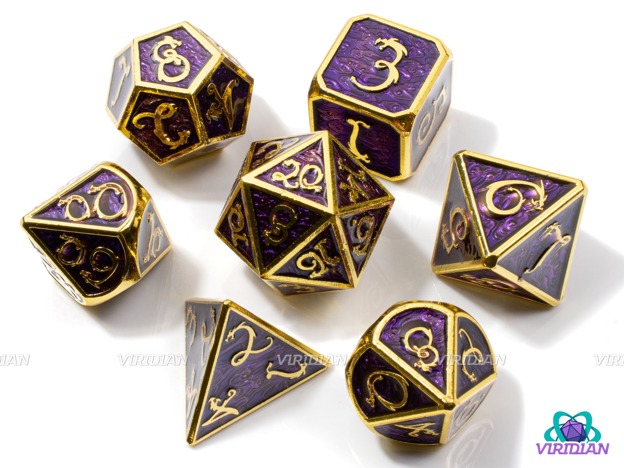 Deep Dragon | Purple Textured Enamel with Gold | Metal Dice Set (7) | Dungeons and Dragons (DnD) | Tabletop RPG Gaming
