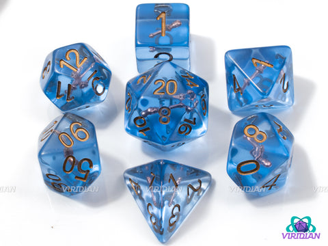 Magic Missile | Wizard's Staff/Wand Inside, Blue-Translucent Dice with Gold Ink | Resin Dice Set (7)