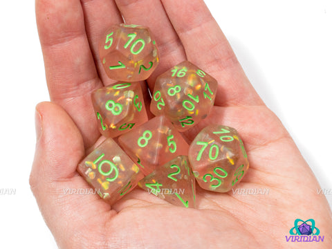 Guava Fruit | Semi-Opaque, Pink & Orange, Frosted & Matte, Yellow-Green Foil Sequins | Resin Dice Set (7)