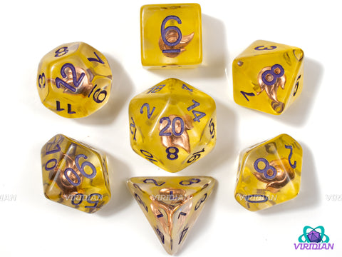 Incendiary Cloud | Sorcerer Flame Charm, Translucent Yellow, Purple Ink | Resin Dice Set (7)
