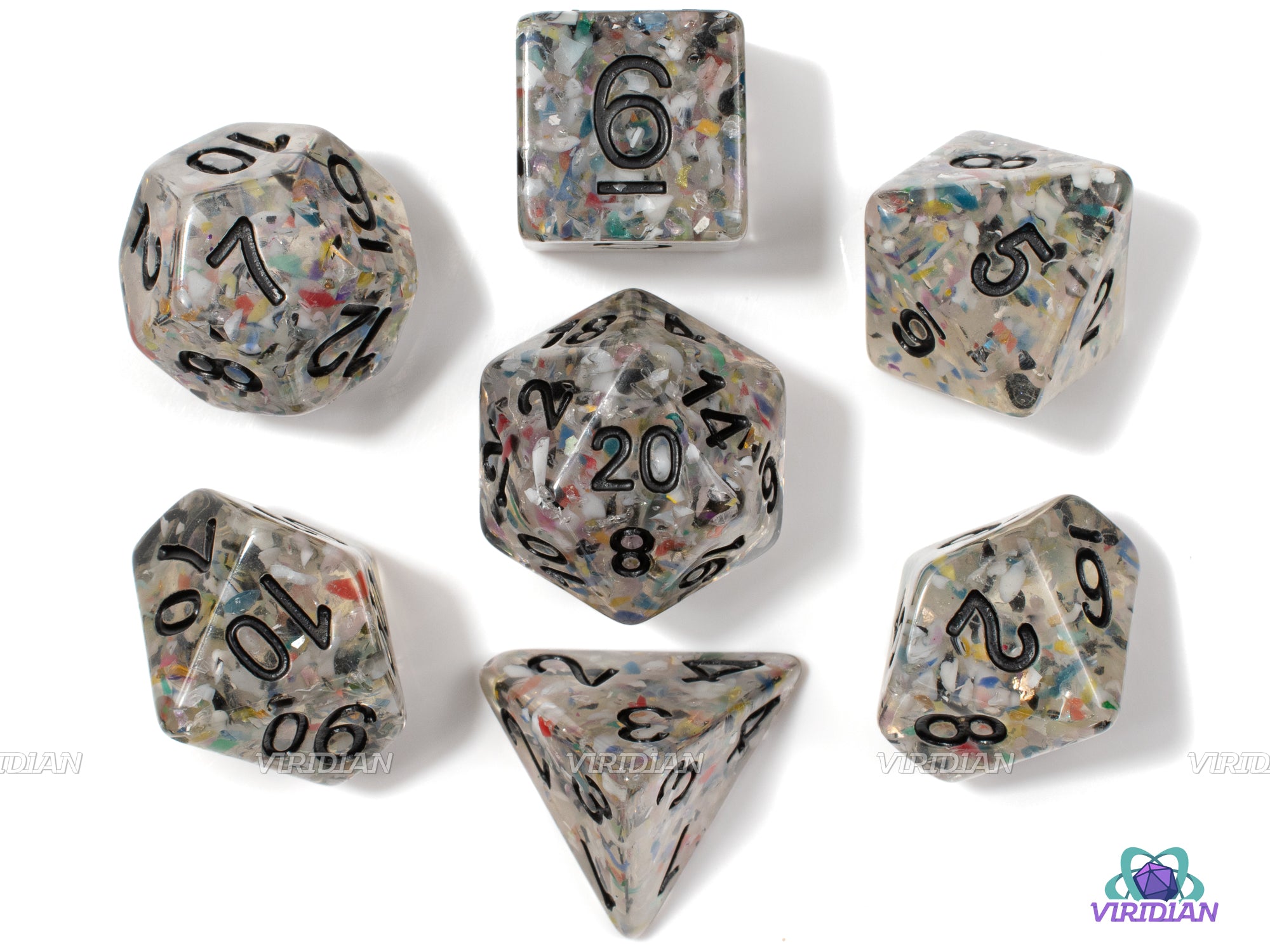 Gravel | Clear Transparent with Black and Brown (and Multi-Color) Specks, Rocky Look | Resin Dice Set (7)