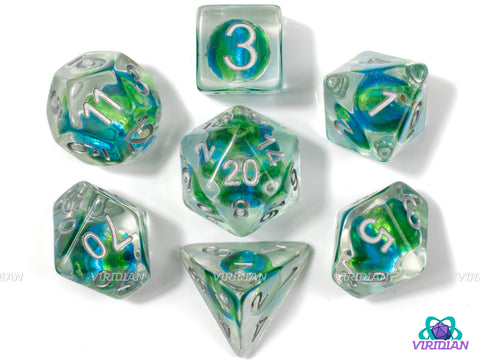 Earthsphere | Light Blue & Green Bead Inclusion, Clear, Silver Ink | Resin Dice Set (7)