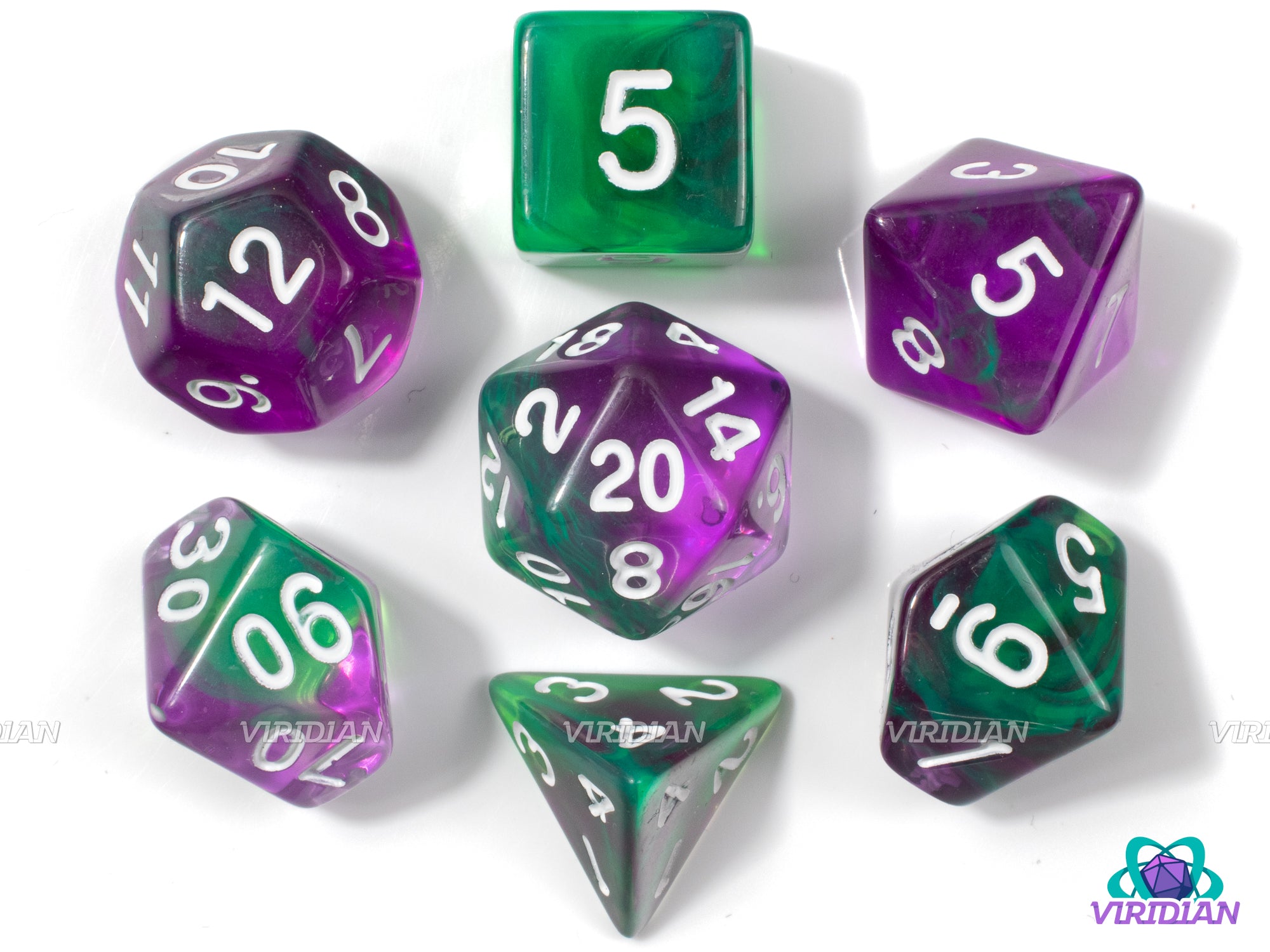Eldritch Blast | Purple & Green Translucent Swirl Acrylic Dice Set (7) | Dungeons and Dragons (DnD)