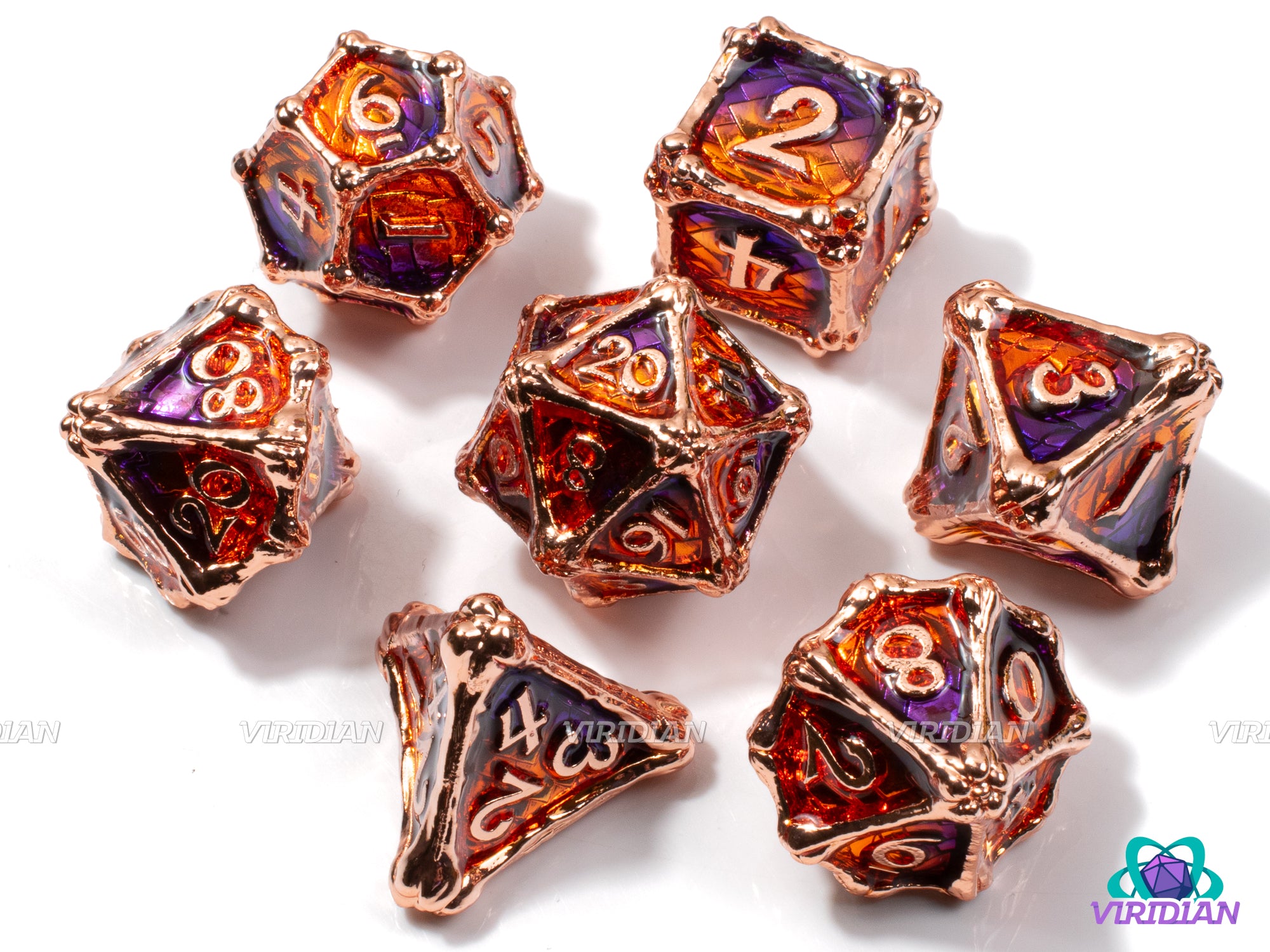 Chimera | Purple & Orange, Red Copper, Bone & Dragon Scale Design | Metal Dice Set (7)
