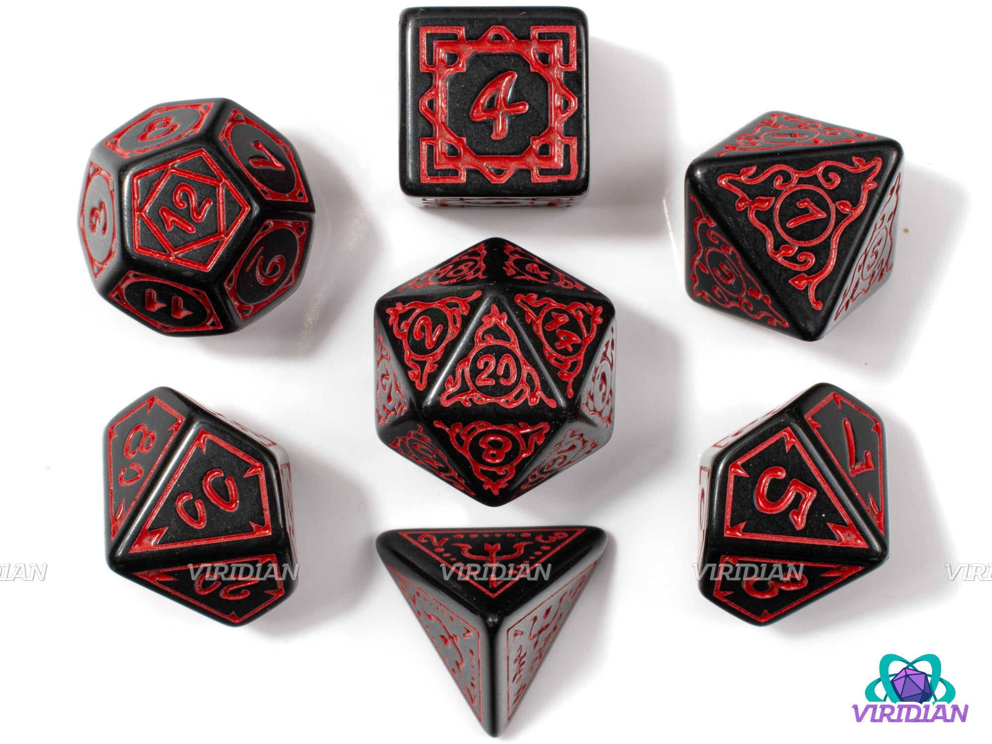 Arcane Hunt: Ares | Ornate Black & Red Stylized, Art Deco, Vines, Bows, Antlers | Acrylic Dice Set (7)