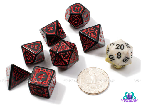 Arcane Hunt: Ares | Ornate Black & Red Stylized, Art Deco, Vines, Bows, Antlers | Acrylic Dice Set (7)