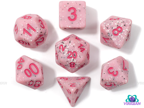 Strawberry Boba | Pink Base, White & Black Speckles, Hot Pink/Magenta/Vermillion | Resin Dice Set (7)