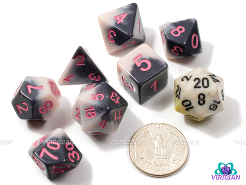 Strawberry Milk Cow | Black & White Drip, Pink Ink, Melting Layers | Resin Dice Set (7)