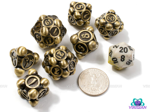 Bronze Bearings | Large Ball/Sphere Ornate Design, Yellow-Metallic Gold | Metal Dice Set (7)