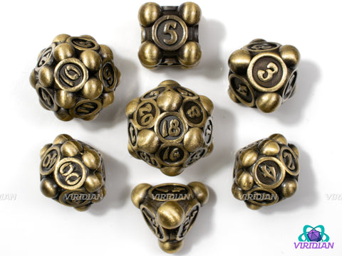 Bronze Bearings | Large Ball/Sphere Ornate Design, Yellow-Metallic Gold | Metal Dice Set (7)