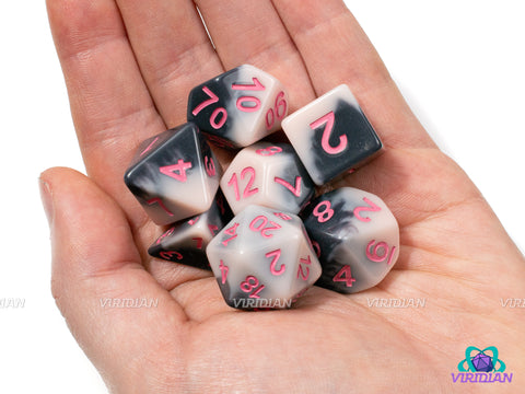 Strawberry Milk Cow | Black & White Drip, Pink Ink, Melting Layers | Resin Dice Set (7)