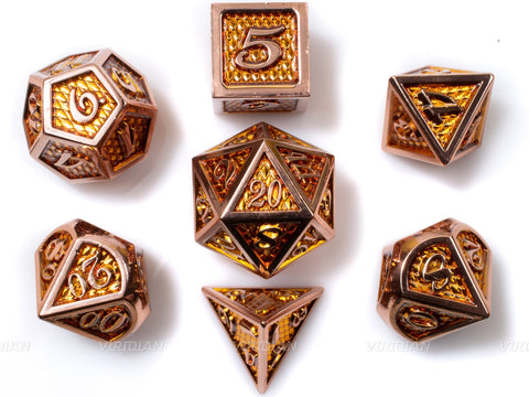Citrine Dragon | Orange Scales, Gold Accents Large Metal Dice Set (7) | Dungeons and Dragons (DnD) | Tabletop RPG Gaming