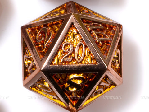 Citrine Dragon | Orange Scales, Gold Accents Large Metal Dice Set (7) | Dungeons and Dragons (DnD) | Tabletop RPG Gaming
