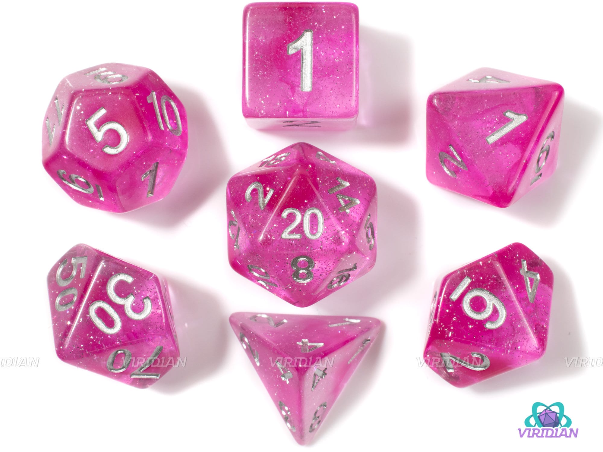 Death by Glamour | Pink, Pink & Pink Glitter Acrylic Dice Set (7) | Dungeons and Dragons (DnD)