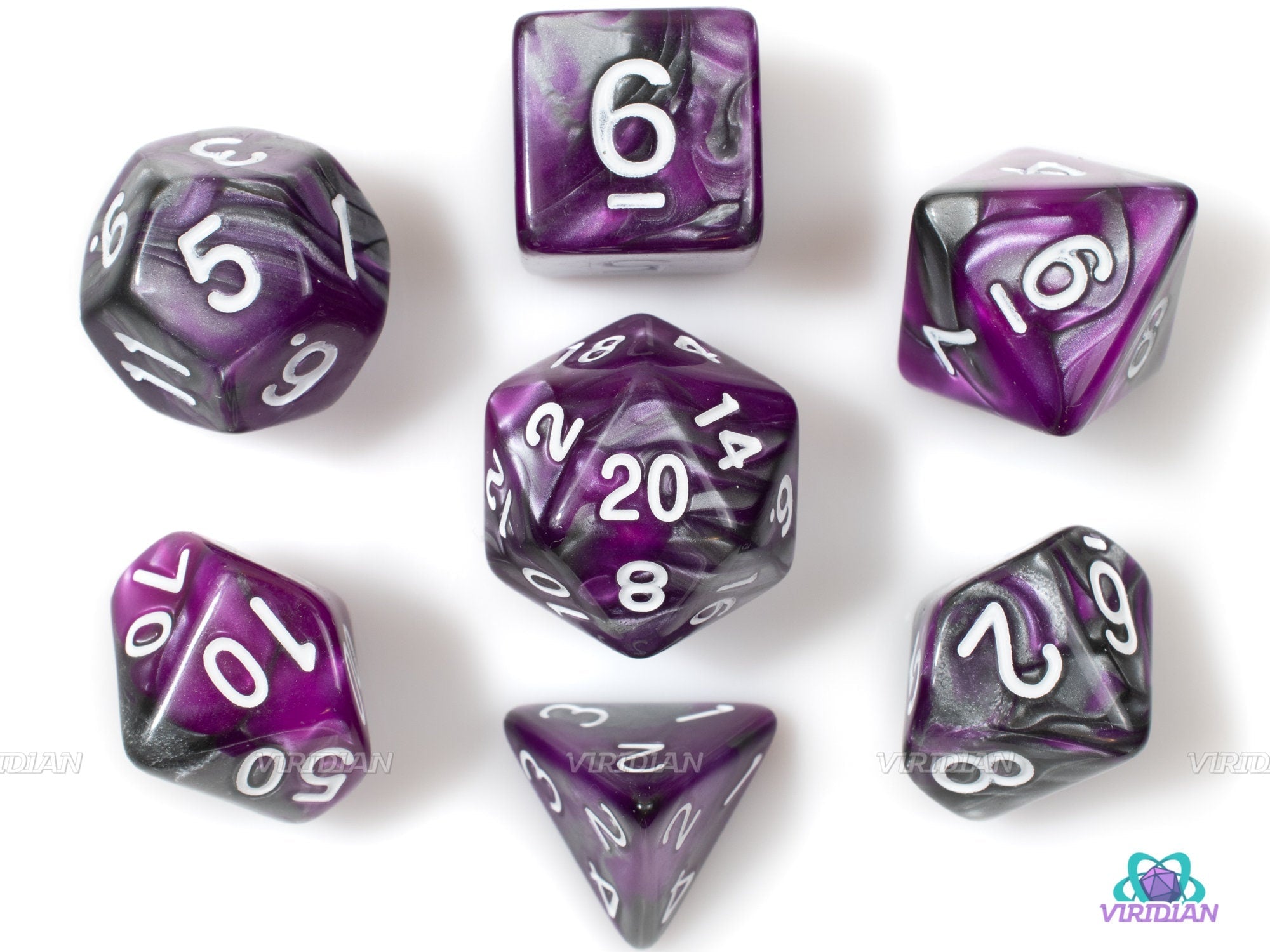 Drow Steel | Purple & Gray Swirled Acrylic Dice Set (7) | Dungeons and Dragons (DnD)