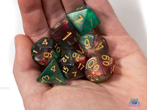 Elven Dreams | Green, Gold, Clear & Red Glitter Acrylic Dice Set (7) | Dungeons and Dragons (DnD)