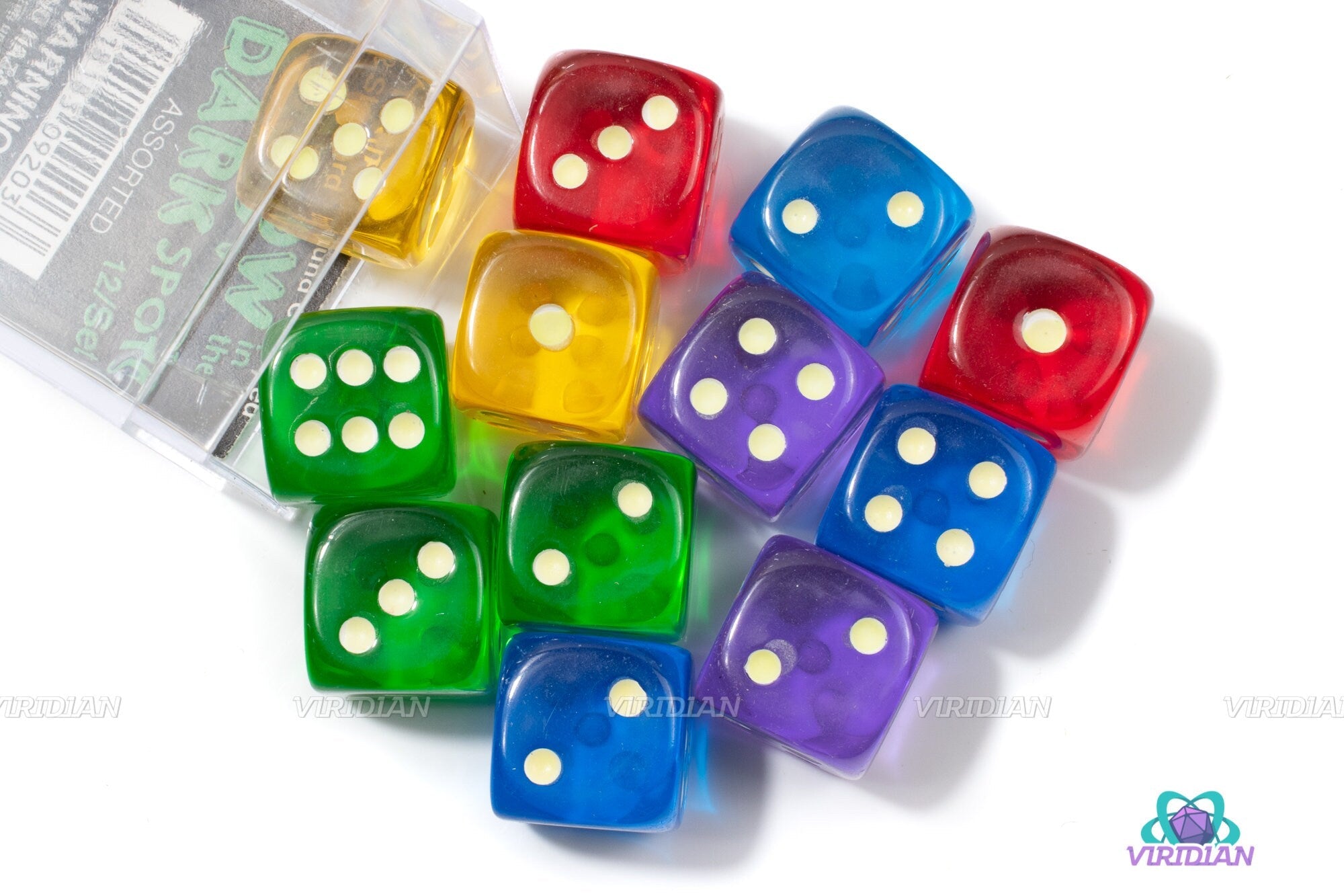 Glow In The Spots D6 Pips | (12) 16mm Translucent Rainbow Pipped D6 Dice