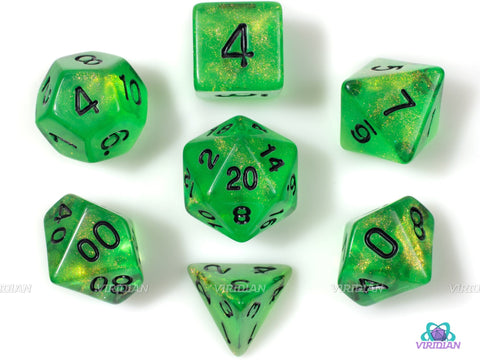 The Lost Woods | Green and Black Glittery Acrylic Dice Set (7) | TTRPG Dnd Polyhedral Set