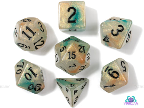 Frozen Pond | Pearled Gold Glitter with Blue & Orange Swirled Acrylic Dice Set (7) | Dungeons and Dragons (DnD)