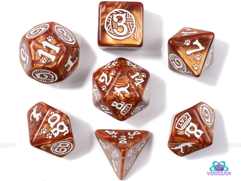 Cats: Muffin | Cat-Themed Pearled Brown & White | Acrylic Dice (7) | Q-Workshop