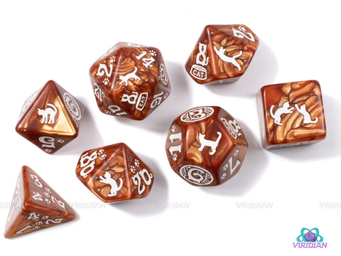 Cats: Muffin | Cat-Themed Pearled Brown & White | Acrylic Dice (7) | Q-Workshop