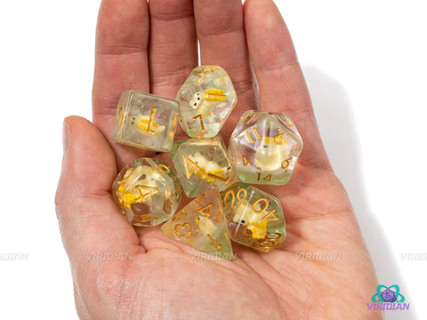 Lil' Stegosaurus | Dinosaur Inside Clear Resin Dice Set (7) | Dungeons and Dragons (DnD)