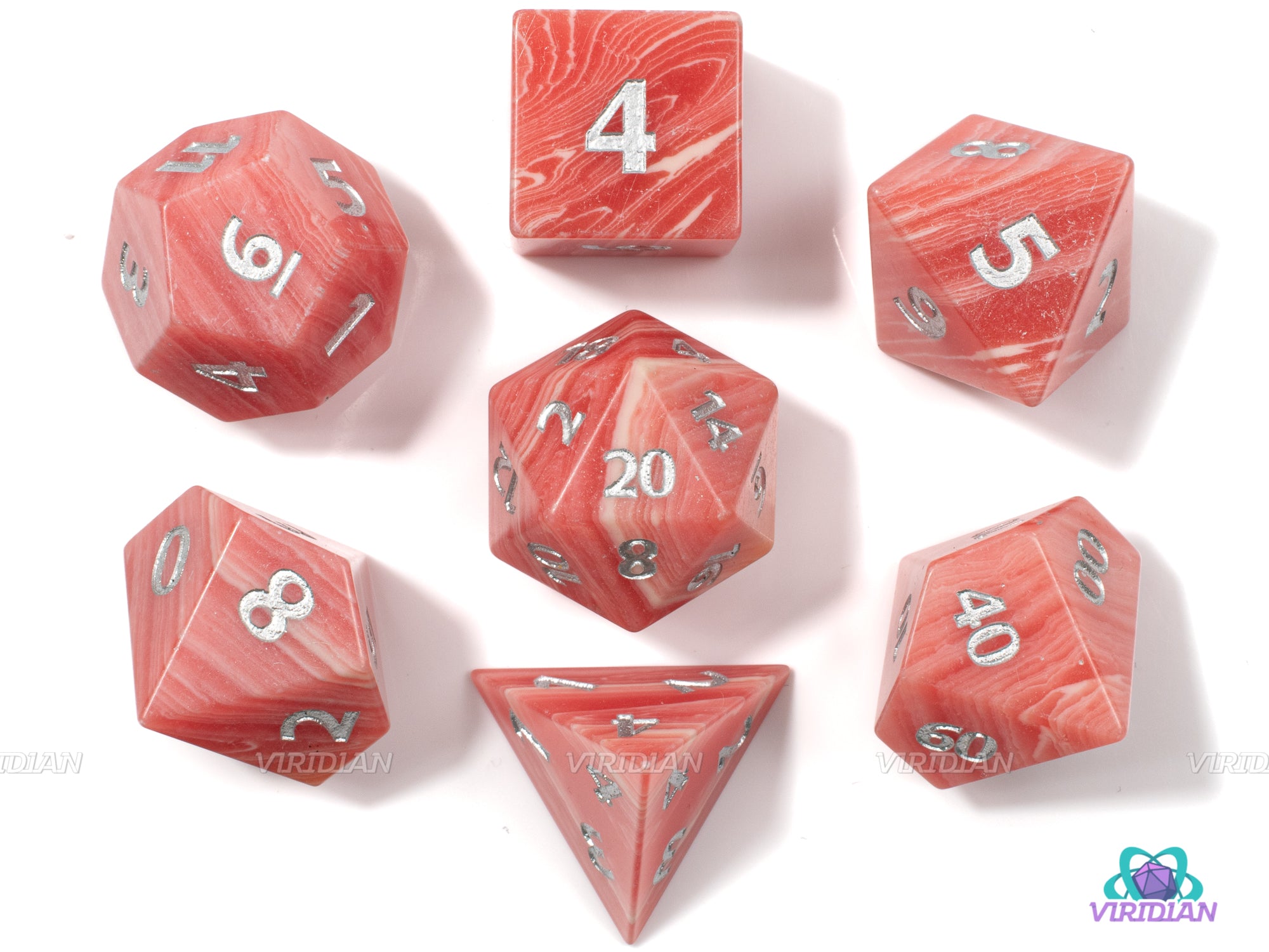 Sashimi | Salmon-Pink Agate, Real Gemstone Dice Set (7) | Dungeons and Dragons (DnD) | Tabletop RPG Gaming