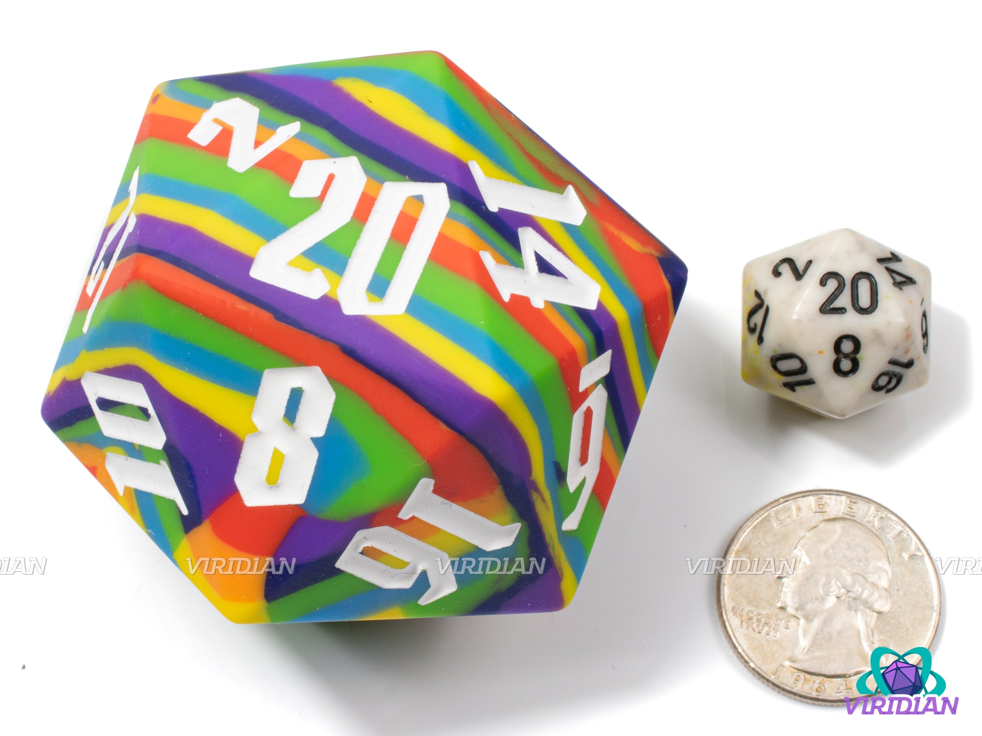 Squish The Rainbow (Silicone) | 55mm, Multi-Color Rainbow w White Numbers, Rubber Silicone, Bouncy | Giant D20 Die (1)