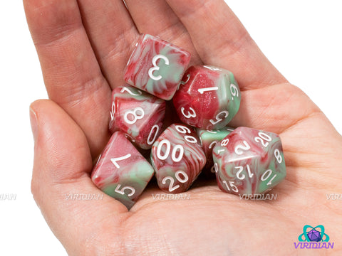 Watermelon Squeeze | Red & Green Glitter Acrylic Dice Set (7) | Dungeons and Dragons (DnD)