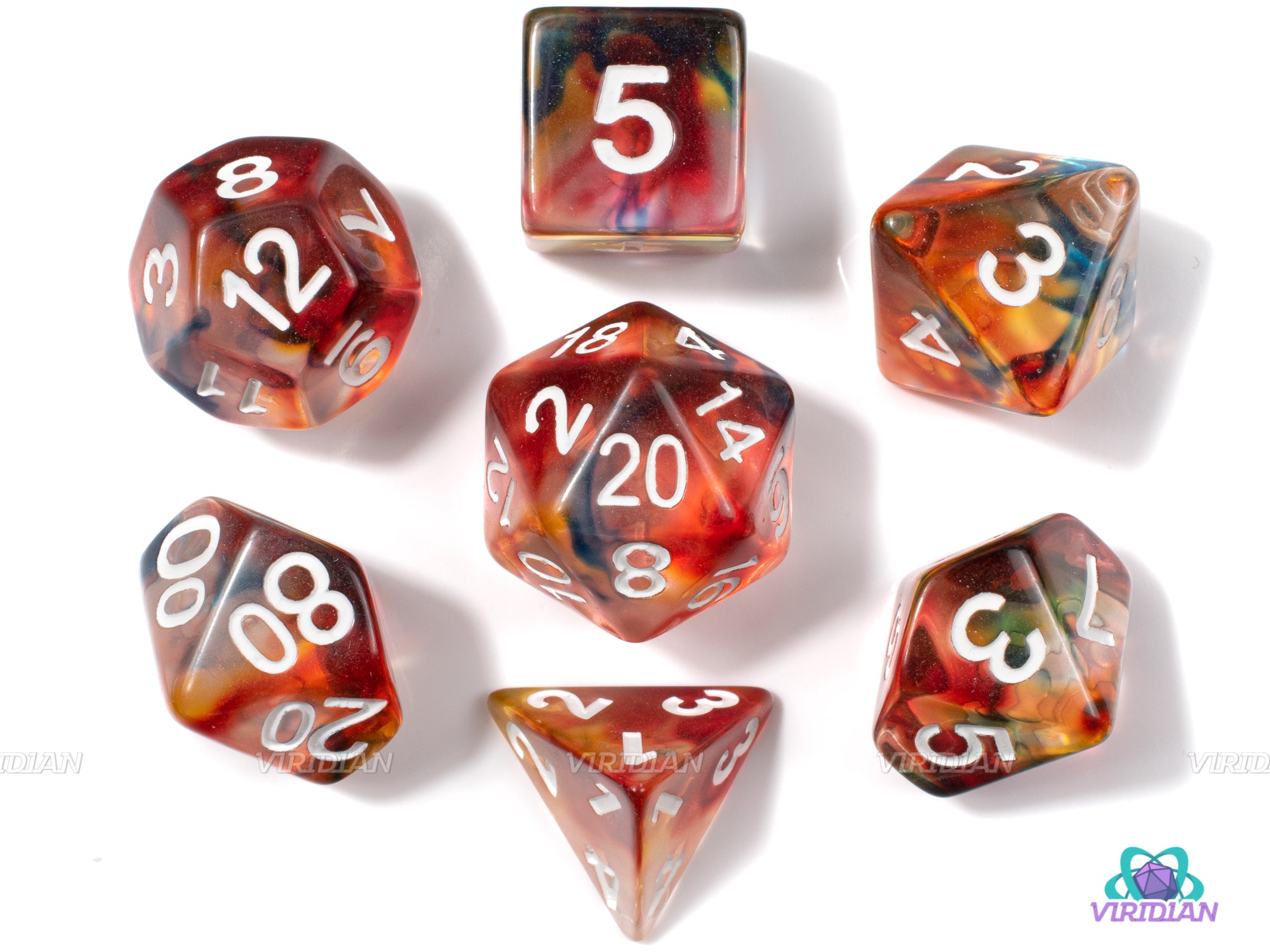 Primary Swirls | Red, Yellow, and Blue Swirls, Clear | Resin Dice Set (7) | Dungeons and Dragons (DnD)
