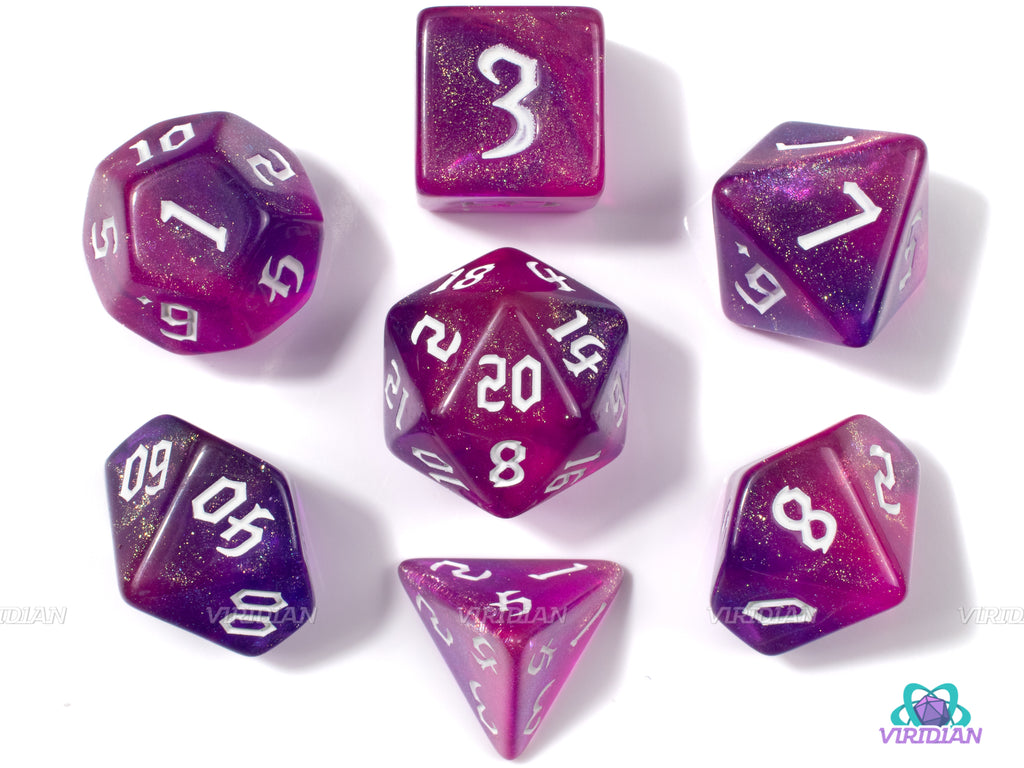 Mirage | Purple, Pink Glittery | Gothica Font | Resin Dice Set (7) | Polyhedral Set