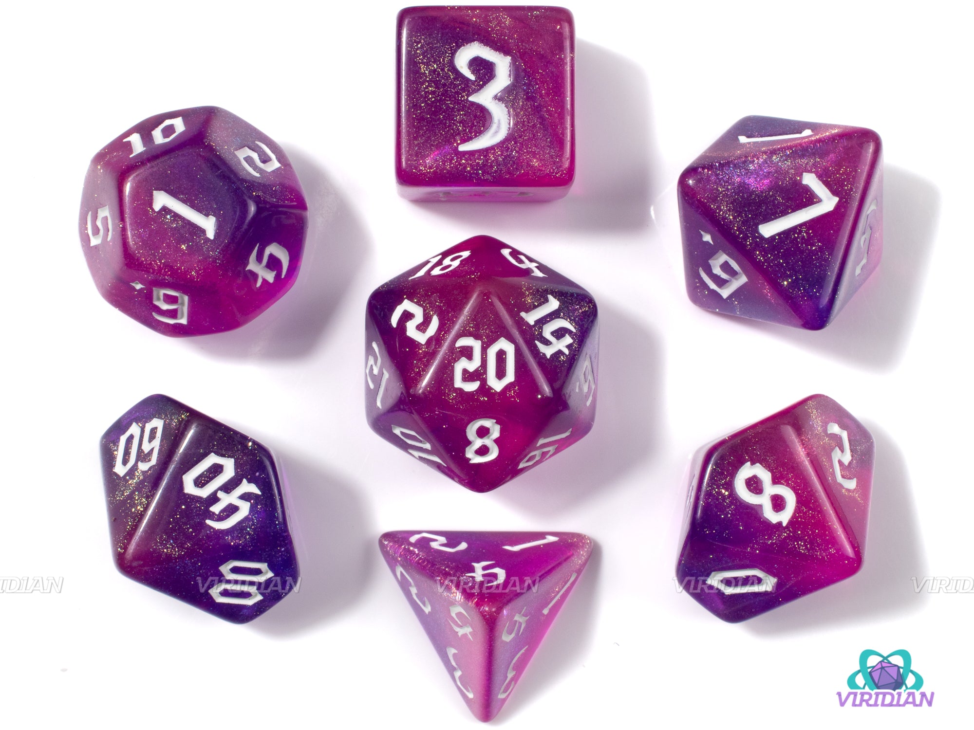 Mirage | Purple, Pink Glittery | Gothica Font | Resin Dice Set (7) | Polyhedral Set