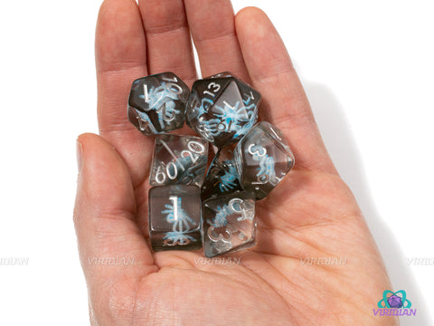 Ice Spider | Blue Tarantula Charm Inside Translucent Black | Resin Dice Set (7) | Dungeons and Dragons (DnD)