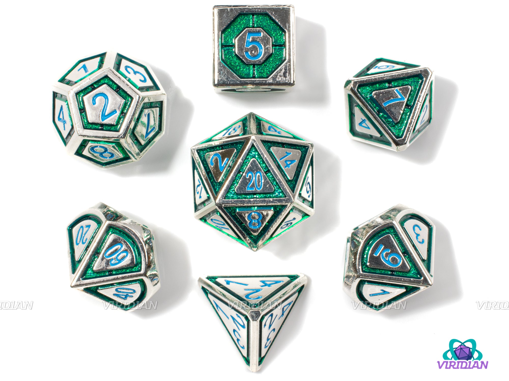 Emerald Isle | Silver & Green, Blue Ink Metal Dice Set (7) | Dungeons and Dragons (DnD) | Tabletop RPG Gaming