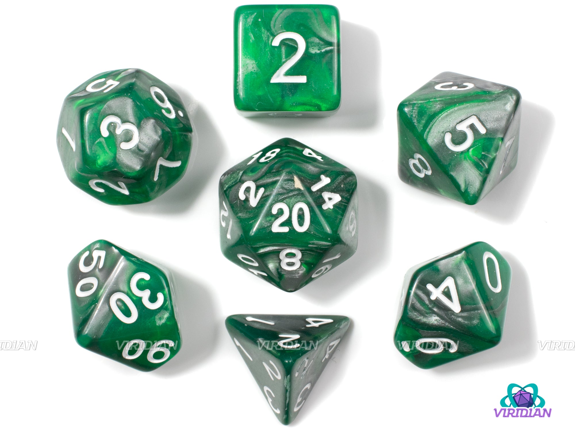 Bio-Mechanical | Grey and Green Swirled Acrylic Dice Set (7) | Dungeons and Dragons (DnD)
