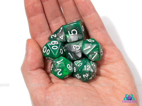 Bio-Mechanical | Grey and Green Swirled Acrylic Dice Set (7) | Dungeons and Dragons (DnD)