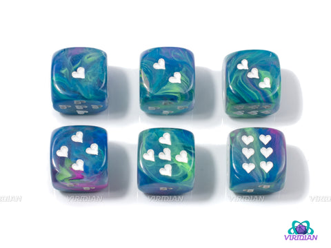 Festive Waterlily & White  | Set of (6) 16mm Heart Pipped D6s  | Chessex