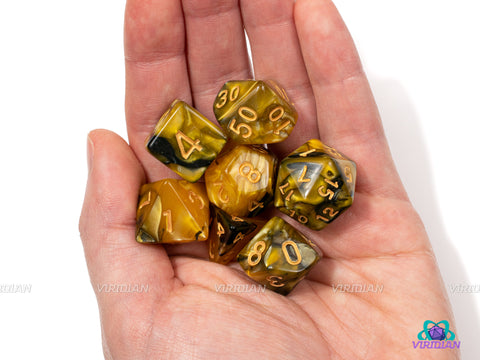Honeycomb | Yellow & Black Swirled Acrylic Dice Set (7) | Dungeons and Dragons (DnD)