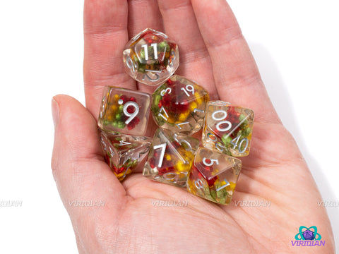 Tri-Flower Frond | Red, Yellow, Green Petals Inside Clear Resin Dice Set (7) | Dungeons and Dragons (DnD)