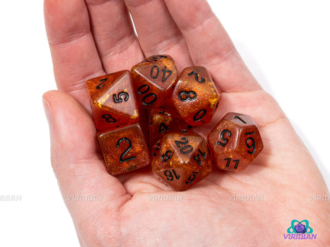 Dying Embers | Orange Glitter, Gold Foil with Black Text  Resin Dice Set (7) | Dungeons and Dragons (DnD)