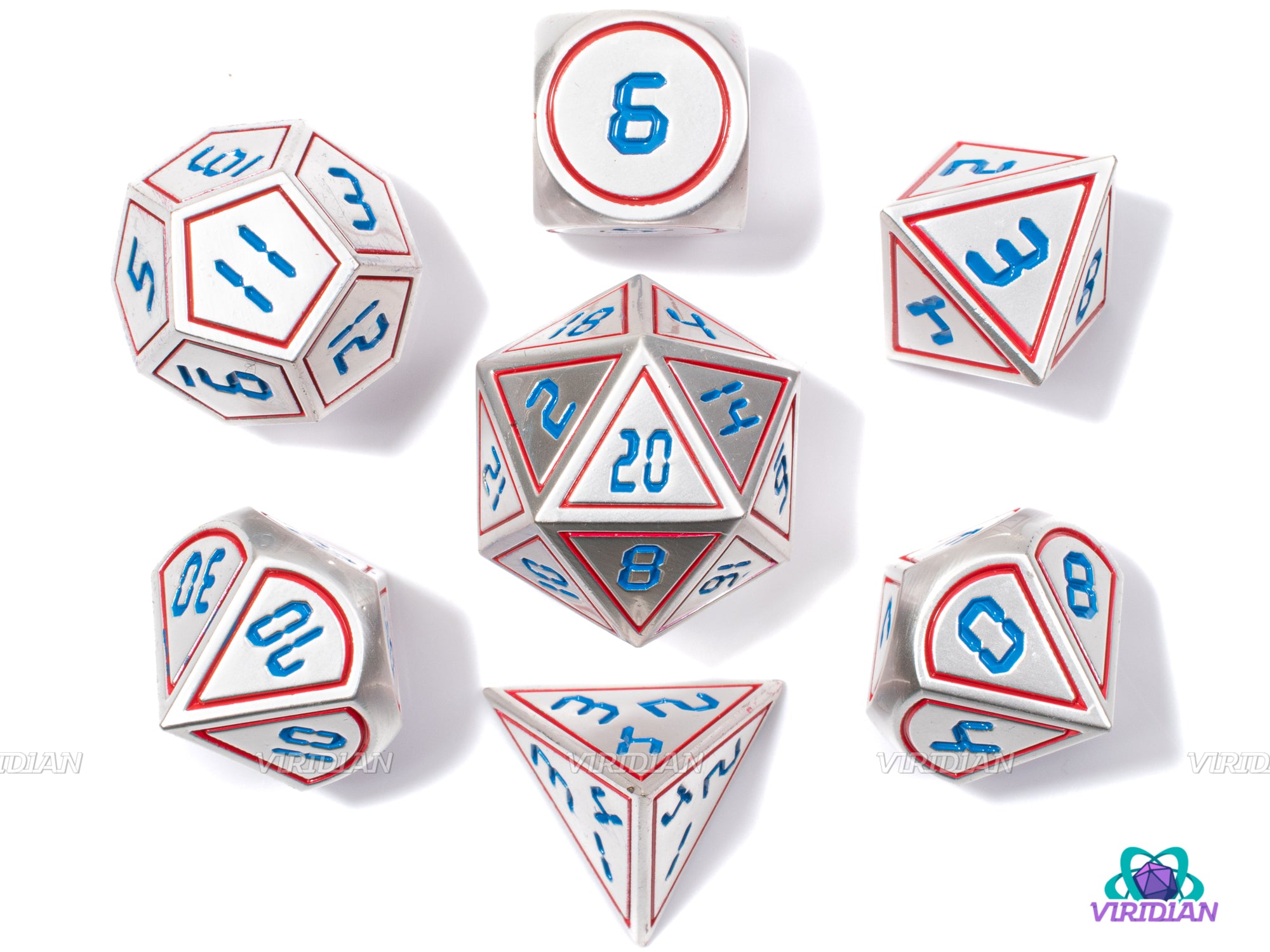 T-Minus | Silver, Blue Digital Numbered Metal Dice Set (7) | Dungeons and Dragons (DnD) | Tabletop RPG Gaming