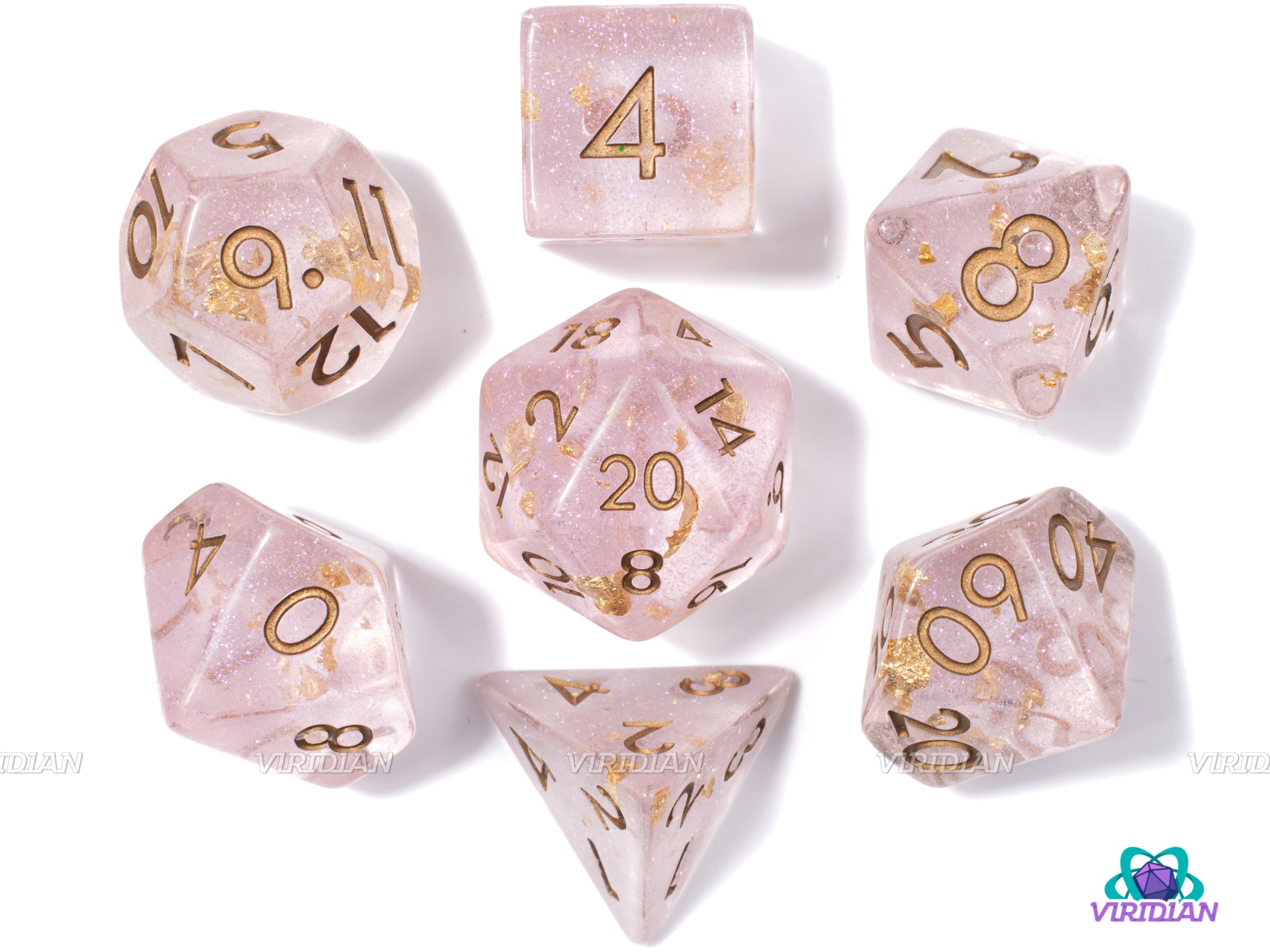Goldschlager | Light Pink, Gold Leaf Glittery Resin Dice Set (7) | Dungeons and Dragons (DnD)