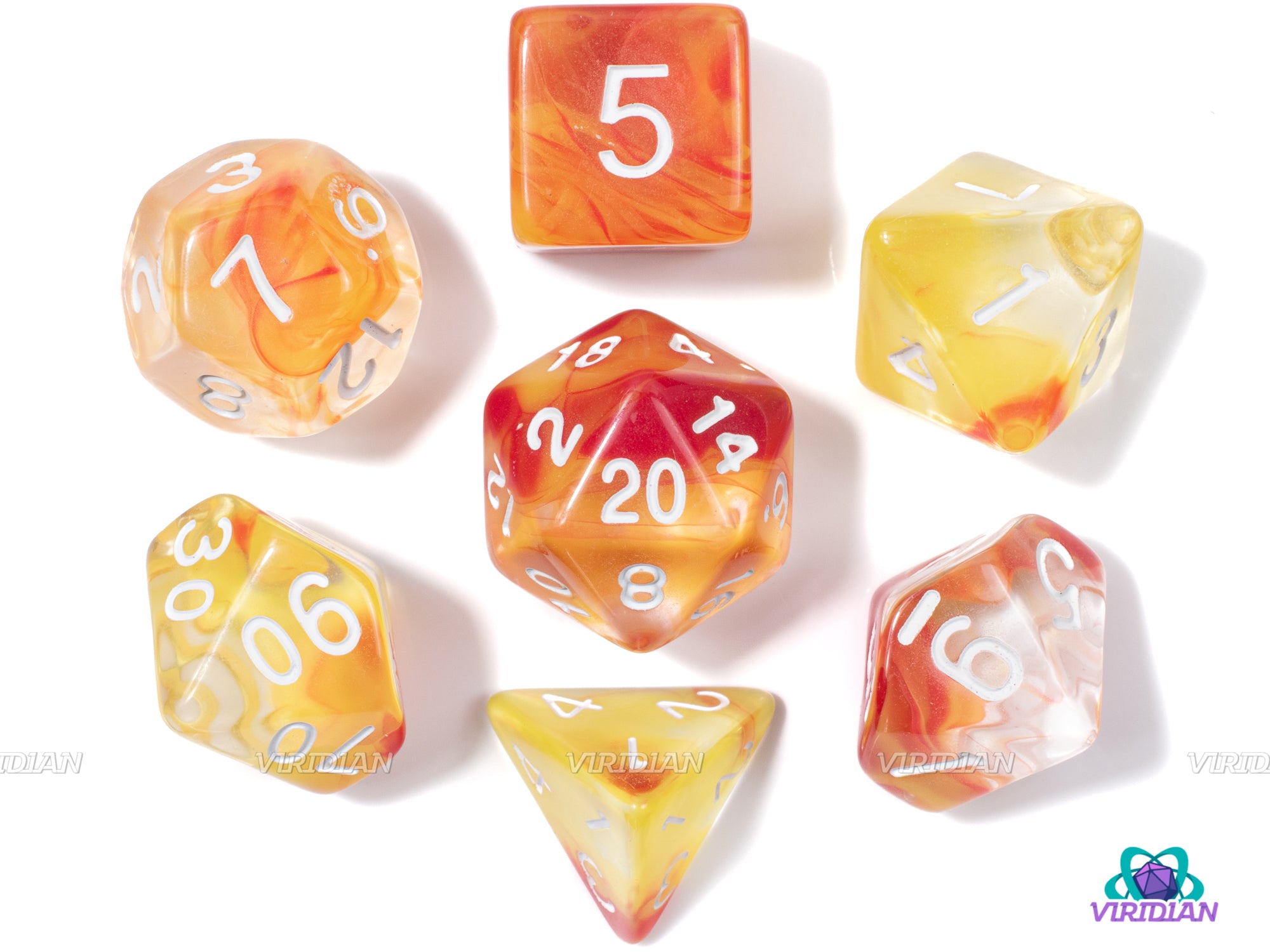 Fire Elemental | Orange, Yellow, Red Swirl & Clear Acrylic Dice Set (7) | Dungeons and Dragons (DnD)