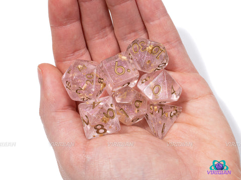Goldschlager | Light Pink, Gold Leaf Glittery Resin Dice Set (7) | Dungeons and Dragons (DnD)