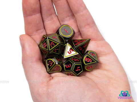 Meltdown | Dark Gray Silver, Yellow Accent, Red Digital Numbered Metal Dice Set (7)