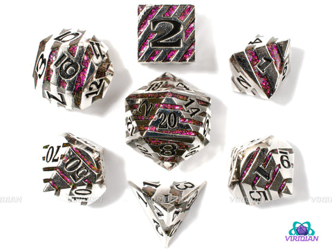 Pink Stripe | Shiny Striped Silver Magenta-Pink Mica Glitter | Metal Dice Set (7) | Dungeons and Dragons (DnD) | Tabletop RPG Gaming