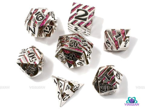 Pink Stripe | Shiny Striped Silver Magenta-Pink Mica Glitter | Metal Dice Set (7) | Dungeons and Dragons (DnD) | Tabletop RPG Gaming