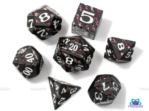 Fairy Stripes | Black Striped Pink Mica Glitter | Metal Dice Set (7) | Dungeons and Dragons (DnD) | Tabletop RPG Gaming